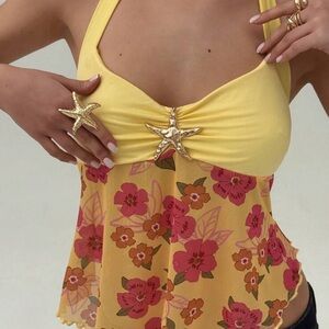 Floral Yellow Chiffon Halter Top with Seashell